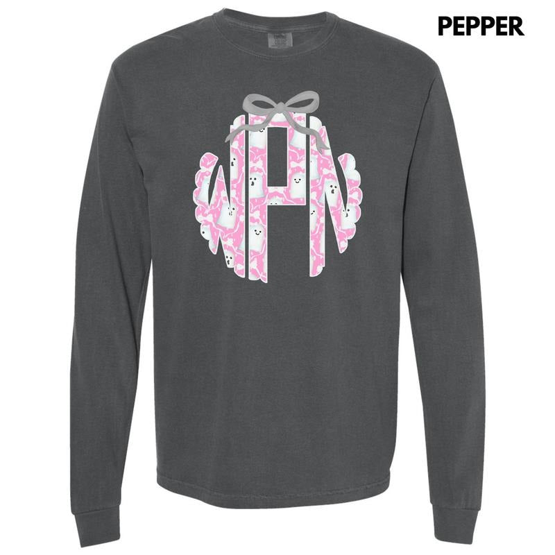 Pink Ghost Monogram Long Sleeve Comfort Colors T-Shirt 'NLB'