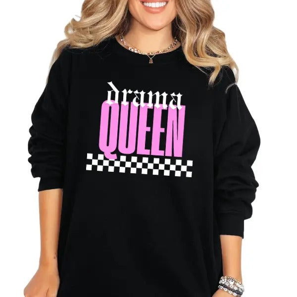 Drama Queen w/Pink Lettering Crewneck Sweatshirt, T Shirt, Hoodie Grunge Aesthetic Pullover | Casual, Streetwear Cotton Fit, Skulls