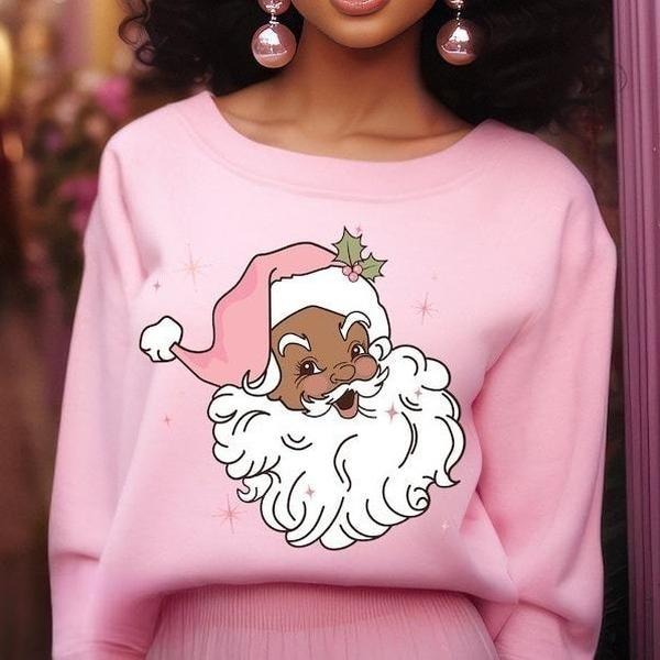 Pink Retro Black Santa Sweatshirt, Merry Christmas, Melanin Santa Cozy Sweater, Black Girl Magic, Black Women Shirt