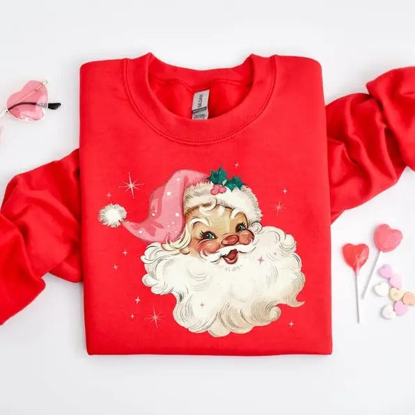 Pink Santa Retro Christmas Sweatshirts, Pink Christmas Matching Family Sweaters, Pink Vintage Holiday Crewneck Group Party Shirt, For Men, For Women