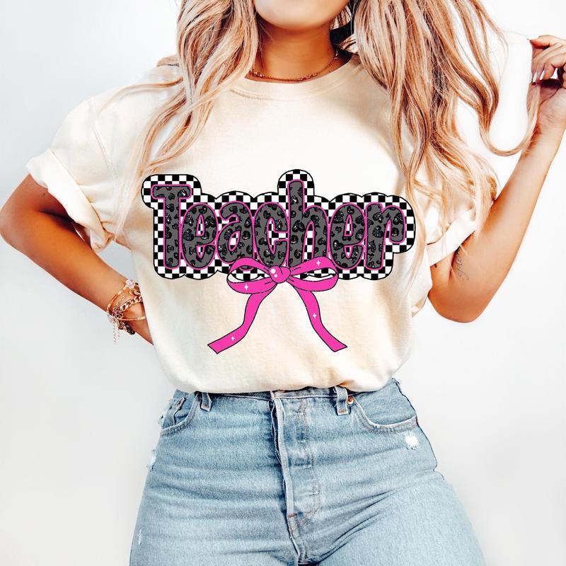Pink Teacher Coquette T-Shirt, Teacher Checkered T-Shirt, Teacher Appreciation Gift, Teacher Leopard T-Shirt, Teacher Bow T-Shirt, Retro Teacher T-Shirt