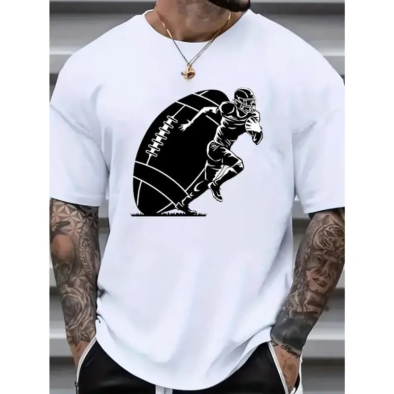 Plus Size, Retro 'American Football' Graphic Men's Casual T-Shirt Short Sleeve Versatile Loose Summer Tops For Street Daily Made in USA