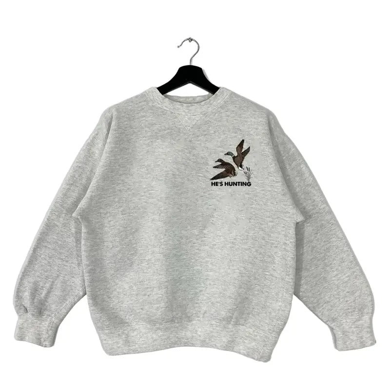 Pocket He Is Hunting Mallard Duck Vintage Sweatshirt National Wildlife T-shirt Retro 90s Pullover, Hunting Season 2025 to 2026, hoodie, Cotton Unisex