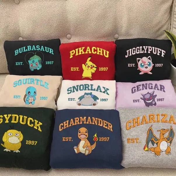 Pokemon Embroidered Sweatshirt, Anime Embroidered Sweatshirt, Embroidered Anime Shirt, Anime Shirt, Embroidered Shirt, Embroidered Hoodie, Anime Tee, Anime Shirt
