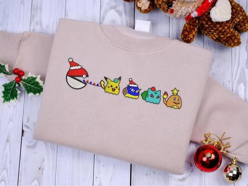 Pokemon Embroidered Sweatshirt, Pokemon Christmas Embroidered, Anime Character Embroidered Sweatshirt, Anime Sweatshirt, Anime Embroidered Sweatshirt, Embroidered Crewneck Sweater, Embroidered Gift
