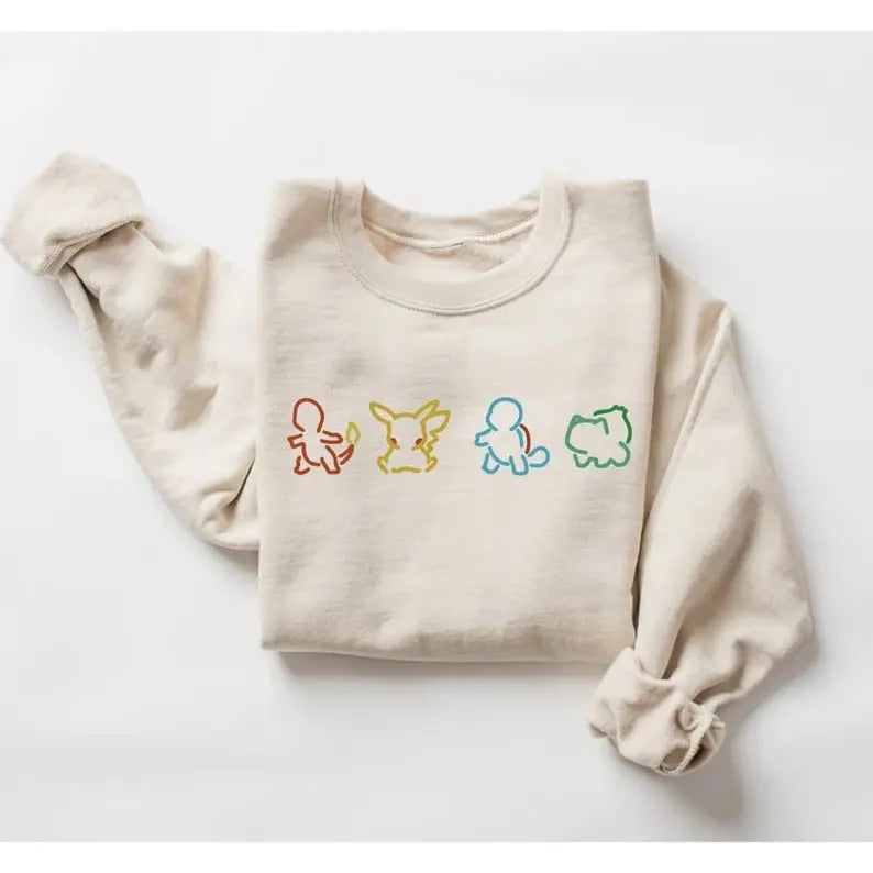 Pokemon Silhouette Sweatshirt, Pokemon Lover Gift, Pikachu, Charmander, Squirtle, Bulbasaur, Retro Cartoon, 90s Tee, Pokemon Hoodie Cotton Fabric