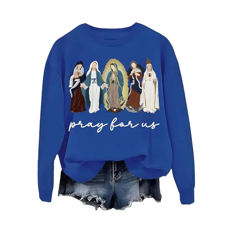 Pray For Us Sweatshirt Casual Street Style Fleece Fabric Crewneck Pullover Sweatshirt Tops Trendy for Women for Men