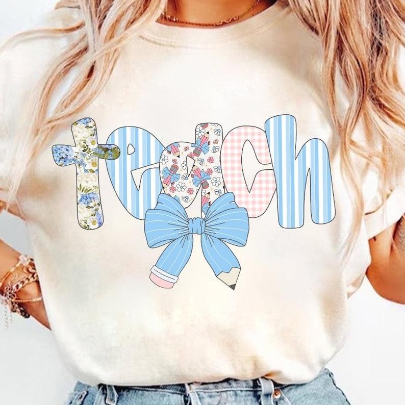 Preppy Teacher Floral Coquette shirt, Teach Blue Floral shirt, Everyday, Pencil Bow