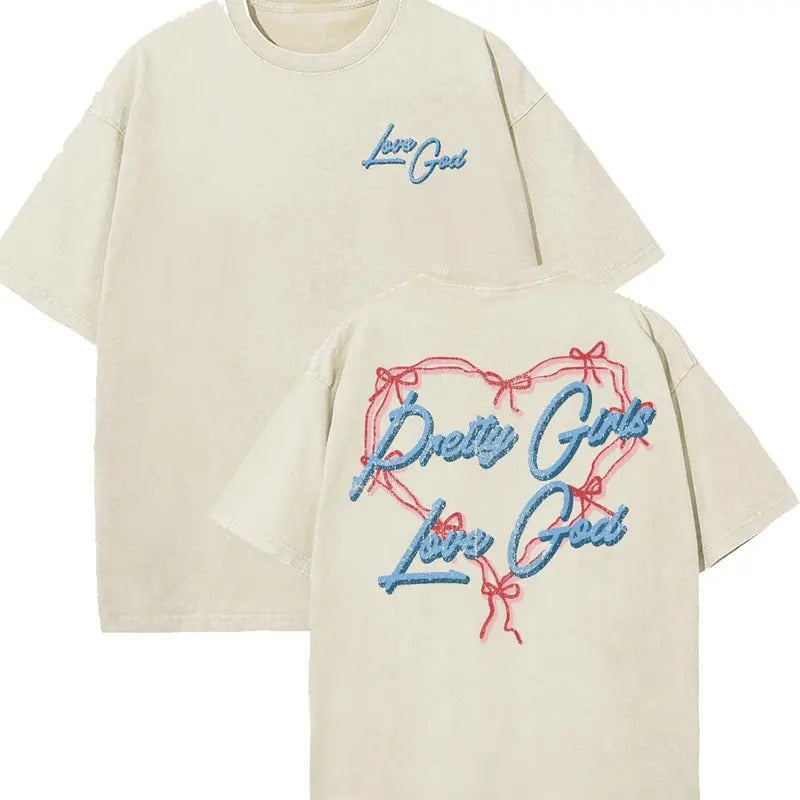 Pretty Girls Love God Unisex Washed T-Shirt, Vintage 90s Graphic Tee, Gift Top Womenswear Cottonstyle{n002}2