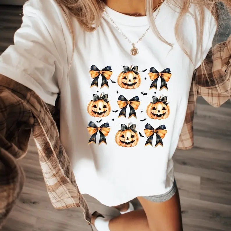 Pumpkin Halloween Shirt Halloween Coquette Bows Spooky Season Shirt Retro Halloween Shirt Spooky Vibes Shirt Cute Pumpkin Graphic T Shirt