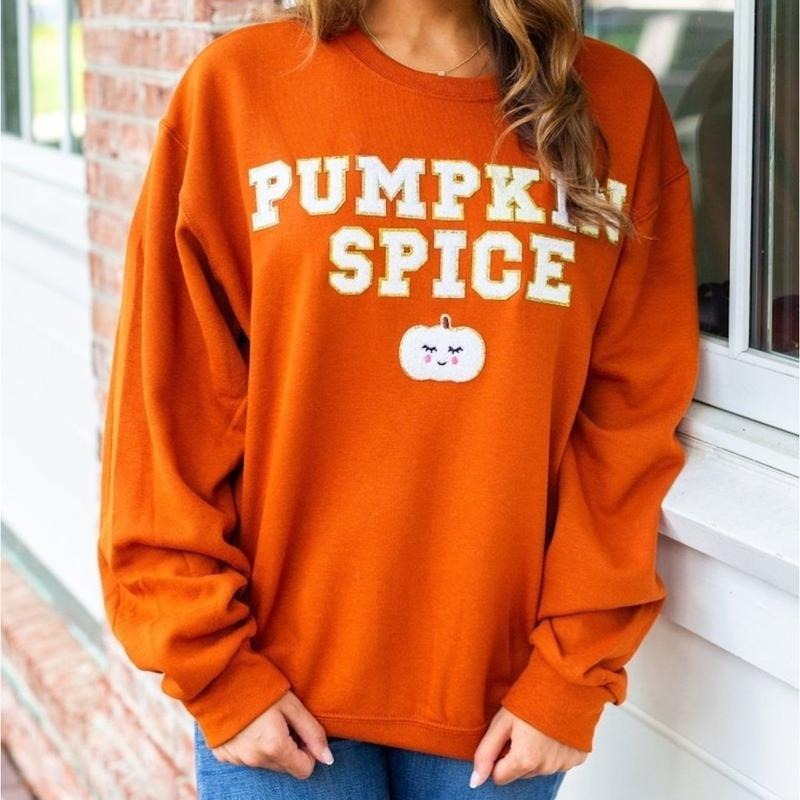 'Pumpkin Spice' Letter Patch Crewneck Sweatshirt