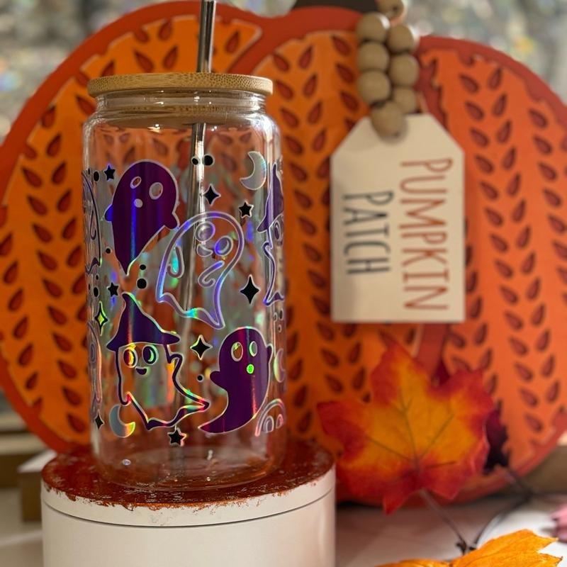 Purple Ghost Holographic Halloween Glass - 16oz - Drinkware with Lid and Straw
