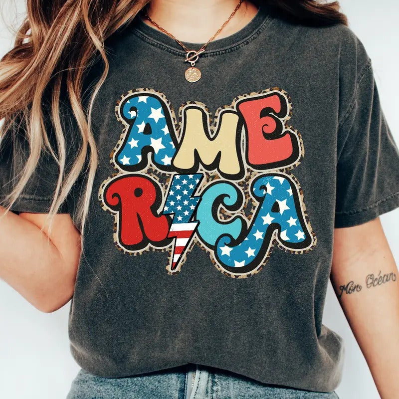 RETRO AMERICA SHIRT, AMERICA CHEETAH PRINT SHIRT, 4TH OF JULY SHIRT, JULY 4TH SHIRT UNISEX COTTON SHIRT, OVERSIZED HOLIDAY SUMMER SHIRT Comfort Top Womenswear Fabric Underwear Lady