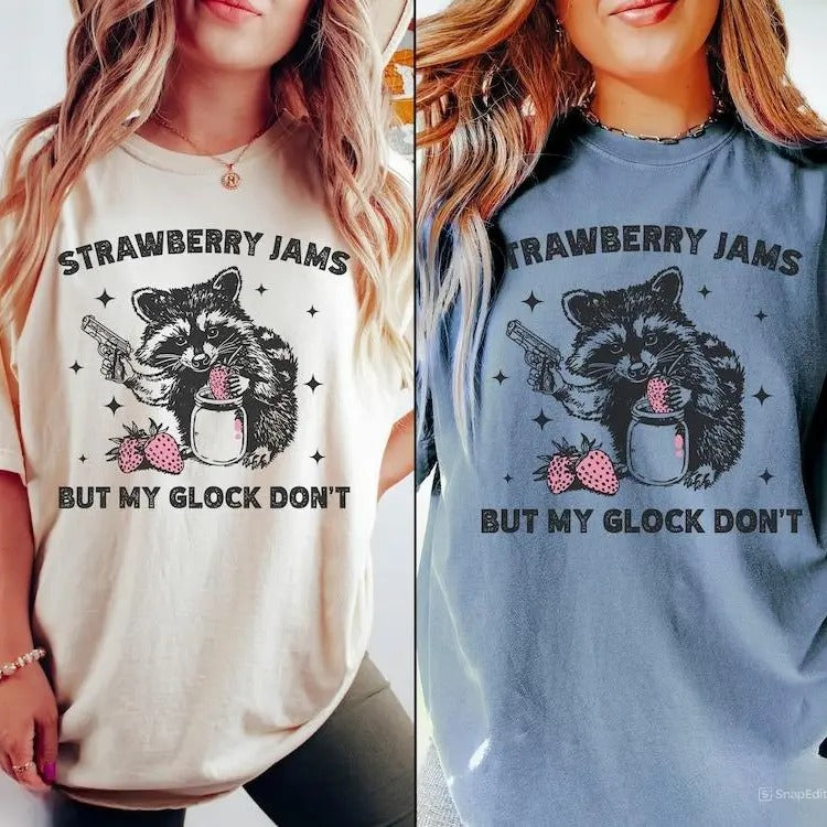 Raccoon Shirt, Strawberry Jams But My Glock Dont, Funny Raccoon Shirt, Funny Meme T-Shirt, Unisex Classic Cotton Tee with Graphic Print in All Sizes