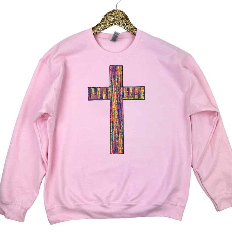 Rainbow Chenille Cross Patch Sweatshirt -- LIGHT PINK