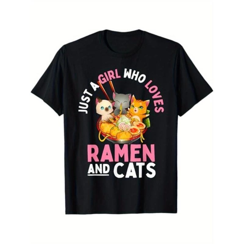 Ramen Cat Neko Kawaii Anime Cats Gift T-Shirt for Men Women, Unsex Short Sleeve, Casual Wear, Autumn Season Fashion Made in USA