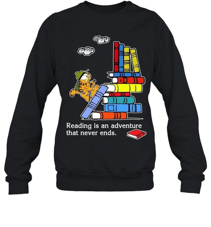 Reading Is an Adventure That Never Ends Garfiiield T-Shirt, Funny Movie Cartoon Graphic Shirt, Gift For Reader, Bookish T-shirt