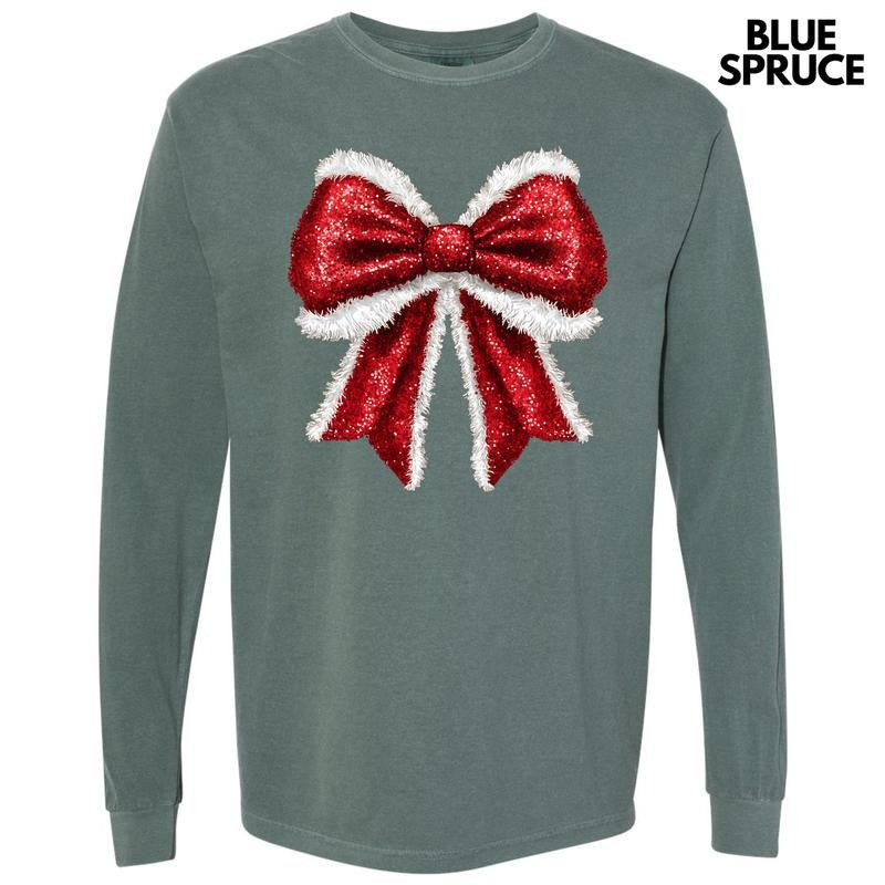 Red FAKE Glitter & Fur Bow Long Sleeve Comfort Colors T-Shirt 'NLB'