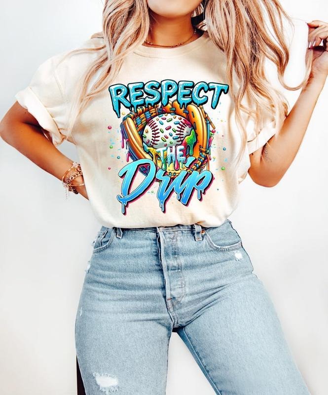Respect The Drip Baseball Tee tshirt, Retro Sporty Print, Game Day Essential tshirt, women tops, shirt for women