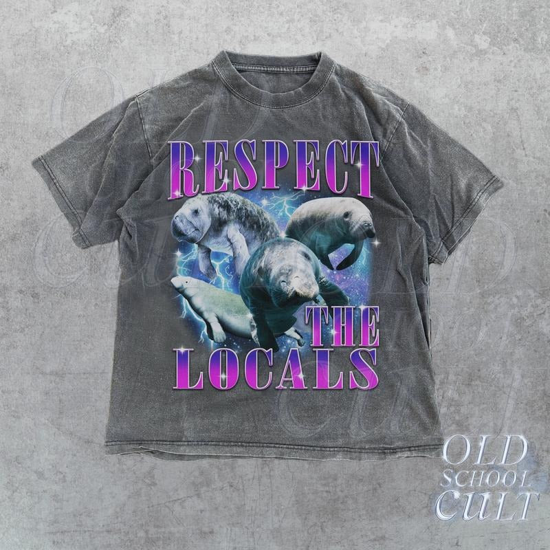 Respect The Locals Vintage 90s Manatee Tshirt, Retro Manatee Ocean Nature Shirt, Sealife, Ocean, Whale, Orca, Turtle,Y2k Bootleg Ocean Tee