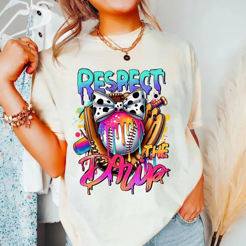 Respect the Drip T-Shirt, Baseball Drip T-Shirt, Ice Cream Drip Shirt, Retro Baseball Mom T-Shirt, Dripping Baseball Shirt, Game Day Shirt, Mother's Day Gift