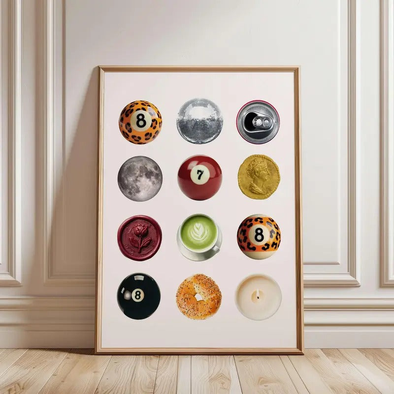 Retro Aesthetic Collage Poster, Leopard 8 Ball Print, Vintage Circles Collage Print,  Funky Disco Wall Print, Dorm Room Collage Wall Art