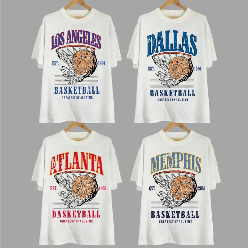 Retro All Teams Basketball Graphic White Shirt, Hometown Basketball Shirt, Basketball Vintage Teams Shirt, Gift For Fans Basketball, Dallas Los Angeles Atlanta