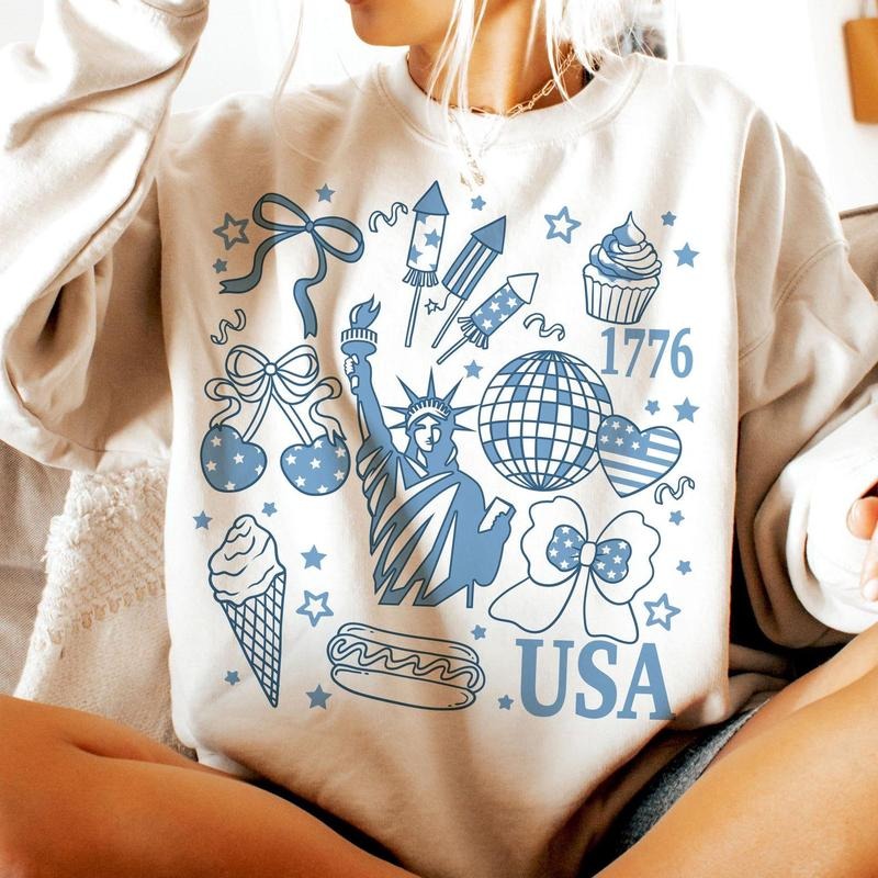 Retro America Coquette t shirt, Preppy 4th of July sweatshirt, Girly Memorial Day hoodie, Vintage USA, Independence Day, Land of the Free