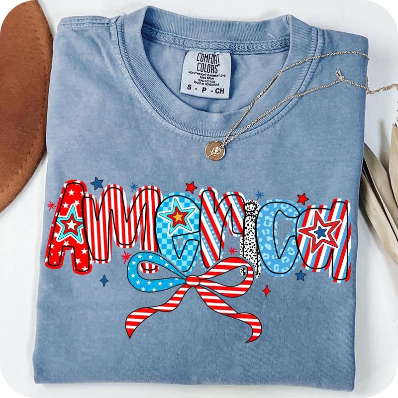 Retro America Flag Coquette T- Shirt, 4Th Of July T- Shirt, America T- Shirt, Memorial Day T- Shirt Comfort Colors