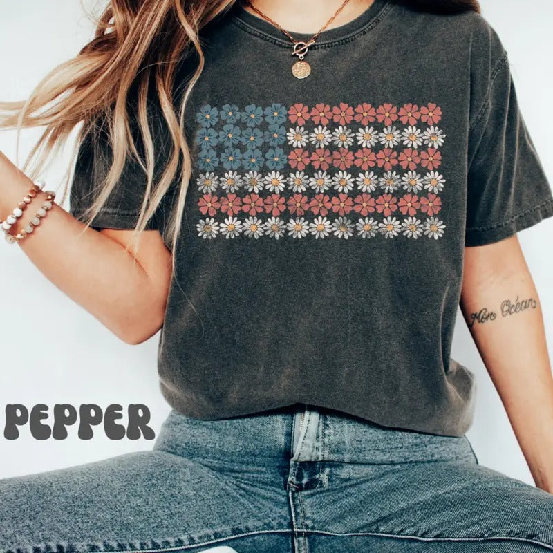 Retro American Flag Shirt, 4th of July Shirts, Womens Fourth of July Shirt, USA Graphic Tee, Patriotic Shirt, Independence Day Gift, USA Tee Cotton Fabric