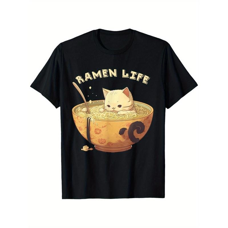Retro Anime Ramen Bowl Cute Cat Japanese Aesthetics T-Shirt made in usa