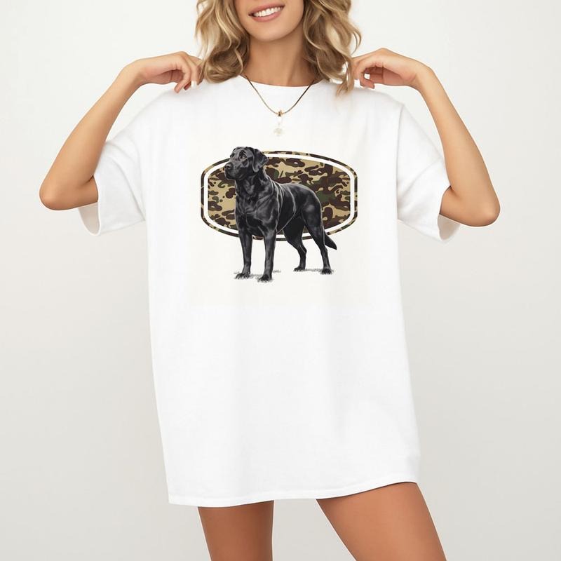 Retro Black Labrador Camo Hunting Dog T-shirt and Hunting Old School Camo Unisex Cotton Menswear