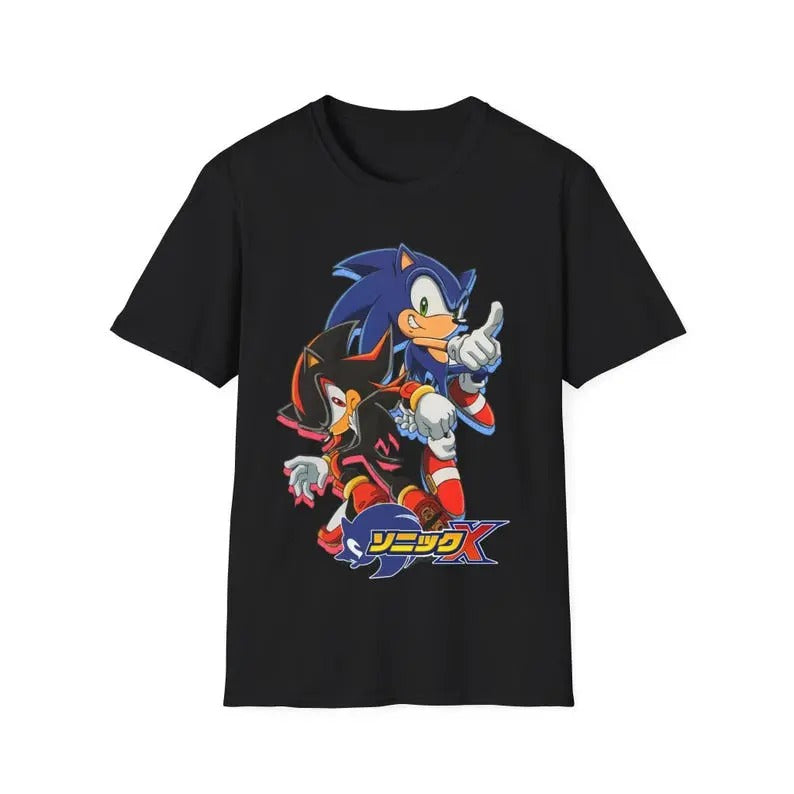 Retro Blue hedgehog Japanese shirt, Son!c X shirt, Unisex y2k streetwear - Graphic Tee Tops, Fashion Cotton, For Men, For Women