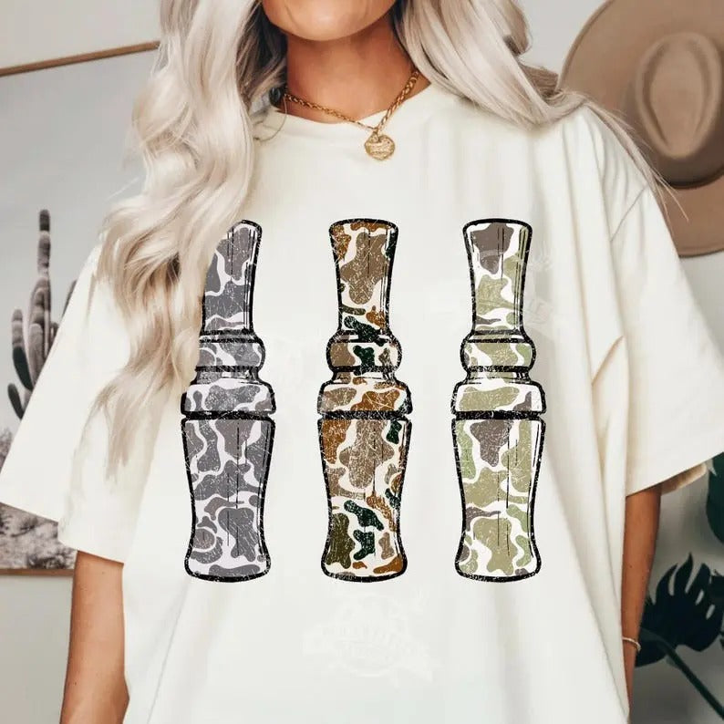 Retro Camo Duck Calls Unisex Tee, Duck Camo Hunting Shirt, Duck Hunt Design, Casual Wear Crewneck Top