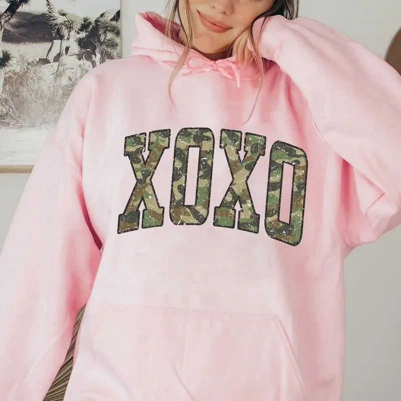 Retro Camo XOXO Valentines Hoodie, XOXO Camouflage Shirt, Camouflage Vintage XOXO Valentines Sweater, Camouflage Gift