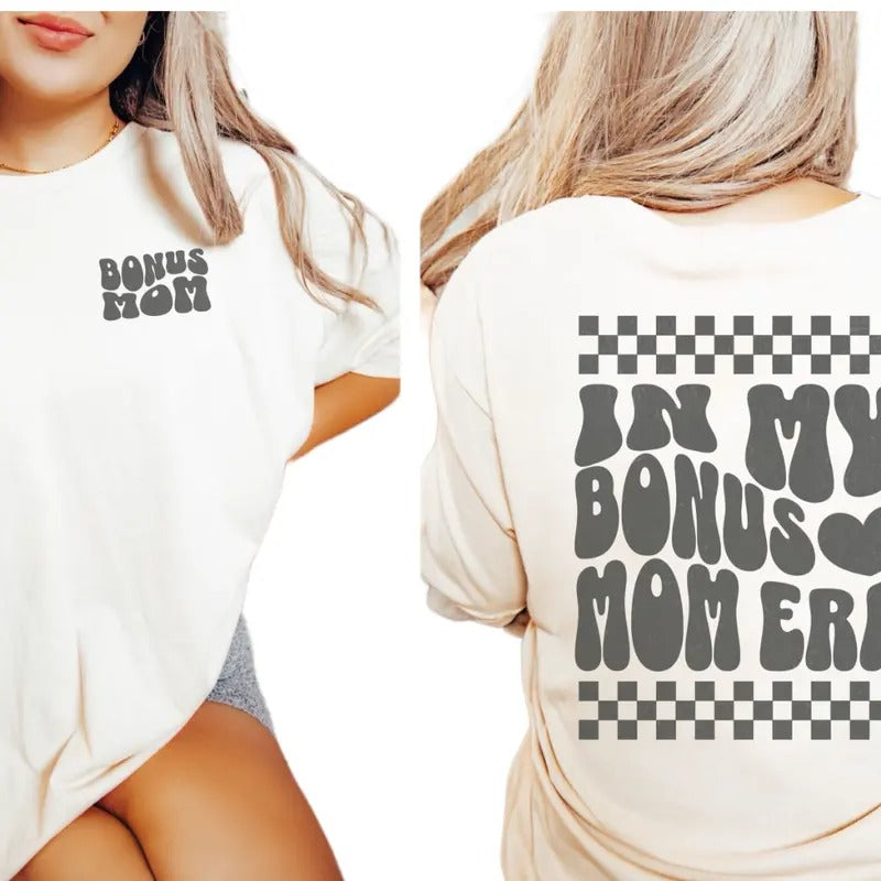 Retro Checkered Bonus Mom Shirt 2 Sides, Mother Tee For Step Mothers, B*st Stepmom Gift For Mother's Day, Unisex Short Sleeve Tee, Classic Streetwear