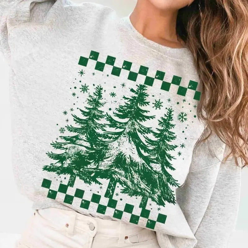 Retro Checkered Christmas Trees Sweatshirt, Pine Trees Holiday Season, Distressed Christmas Jumper, Checkered Xmas Shirt, Christmas Gift