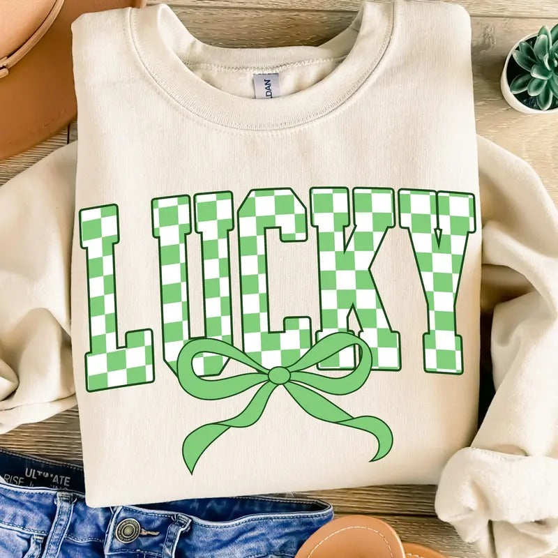 Retro Checkered Lucky St Patrick's Day Coquette Sweatshirt, St Patricks day Sweatshirt, Lucky Sweatshirt, St Patrick, St Pattys day , Retro St Patrick day