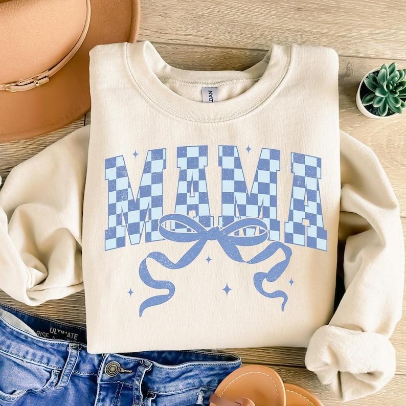Retro Checkered Mama Coquette , Mama , Blue Mama Varsity , Mothers Day , Gift for Mom, Mama Bow , Mama Shirt Sweatshirt