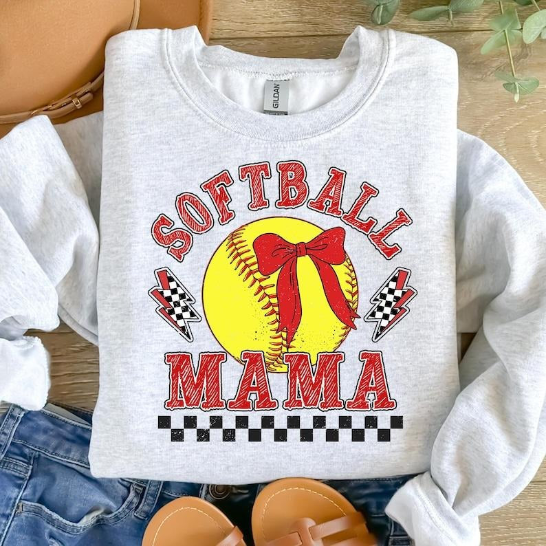 Retro Checkered Softball Mama Coquette , Game Day Softball , Softball Mom , Softball Coquette Shirt , Softball Sweatshirt