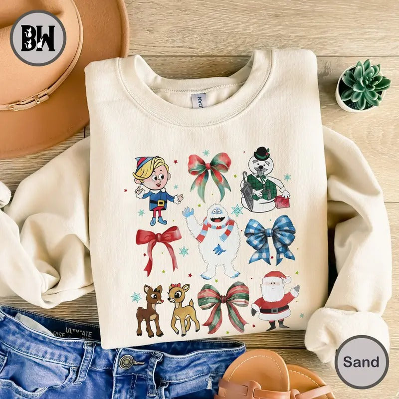 Retro Christmas Cartoon Friends Sweatshirt, Coquette Christmas Sweatshirt, Snow Holiday Shirt, Cute Cartoon Characters Shirt, Winter Christmas Shirt