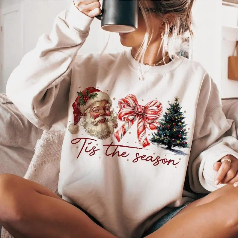 Retro Christmas Sweatshirt, Hoodie, T - Shirt, Tis the Season, Santa Claus, Watercolor Christmas, Christmas sublimation, Merry Christmas, Christmas vibes