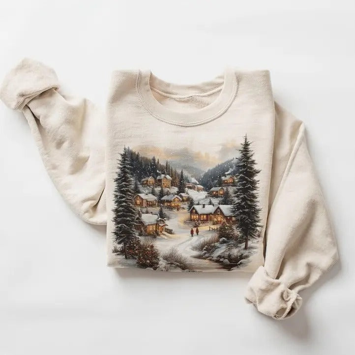 Retro Christmas Winter Village Sweatshirt - Nineties 90s Mountain Pine Trees Decorated Cabins Outfit - Boho Unisex Crewneck Sweatshirt Pullover Comfort