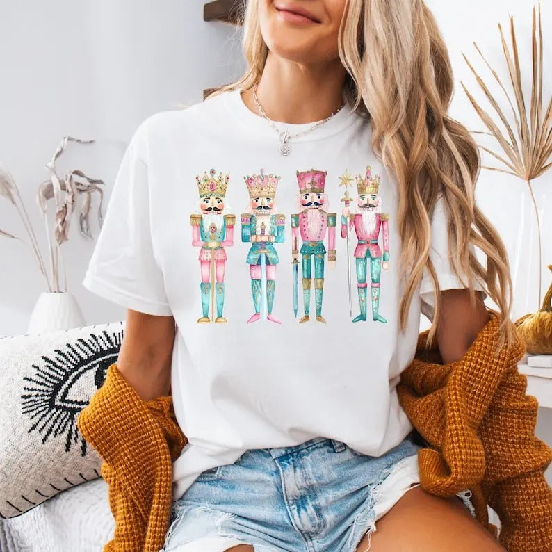Retro Colors Nutcracker Christmas T-Shirt, Women's Holiday Tee, Watercolor Holiday T-Shirt, Holiday Party Gift, Festive Christmas Tees
