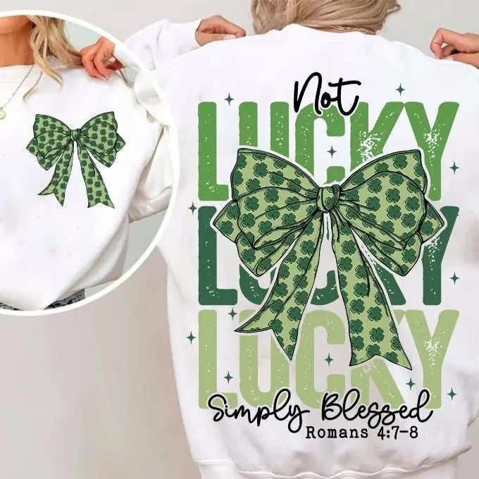 Retro Coquette St Patrick's Day Bow Shirt, Not lucky simply Blessed Roman 4:7-8 Shirt, Bible Verses Shirt, patrick Cross Shirt, Jesus St. Pattys Day Soft Cotton Shirt, Gift For Him, Gift For Her