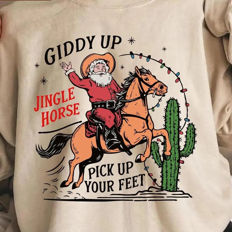 Retro Cowboy Christmas sweatshirt,hoodie,tshirt, Western Santa Giddy Up Jingle Horse Sweatshirt, Unisex, 100% Cotton - Fabric