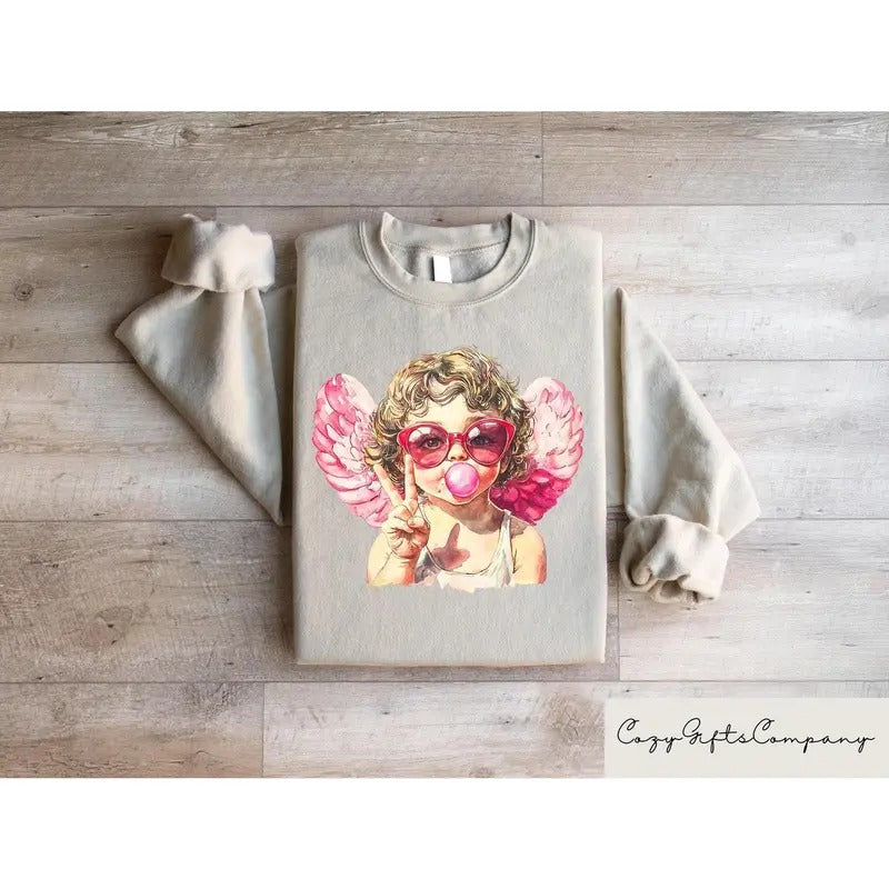 Retro Cupid Sweatshirt, Aesthetic Valentines Day Blowing Bubble Cupid Shirt, Valentines Day Sweater for Women, Cupid's Brewing Co Crewneck