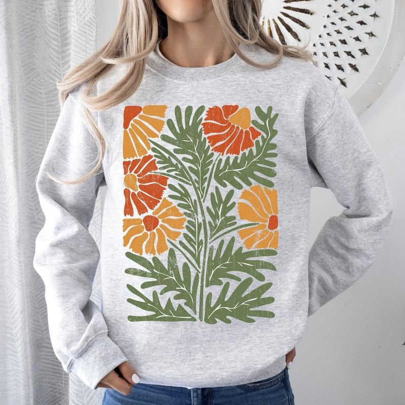 Retro Daisy Design, Greens, Orange, Vintage, Floral, Flower Sweatshirt