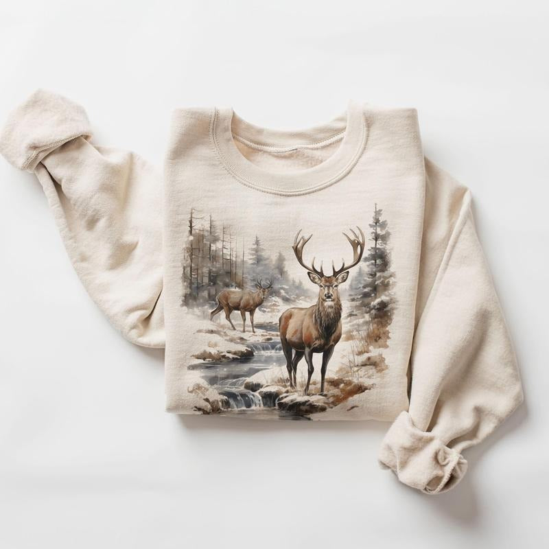 Retro Deer Wilderness Scene Unisex Sweatshirt, 90s Vintage Buck And Doe Deer Outfit Shirt, Boho Unisex Crewneck Sweatshirt