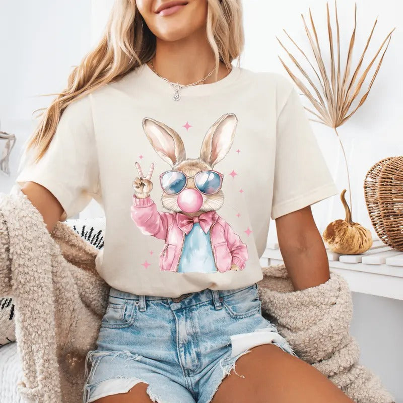 Retro Easter Bunny Blowing Bubble Gum Unisex Shirt, Cute Easter Shirt Available in Long Sleeve, Raglan or Short Sleeve